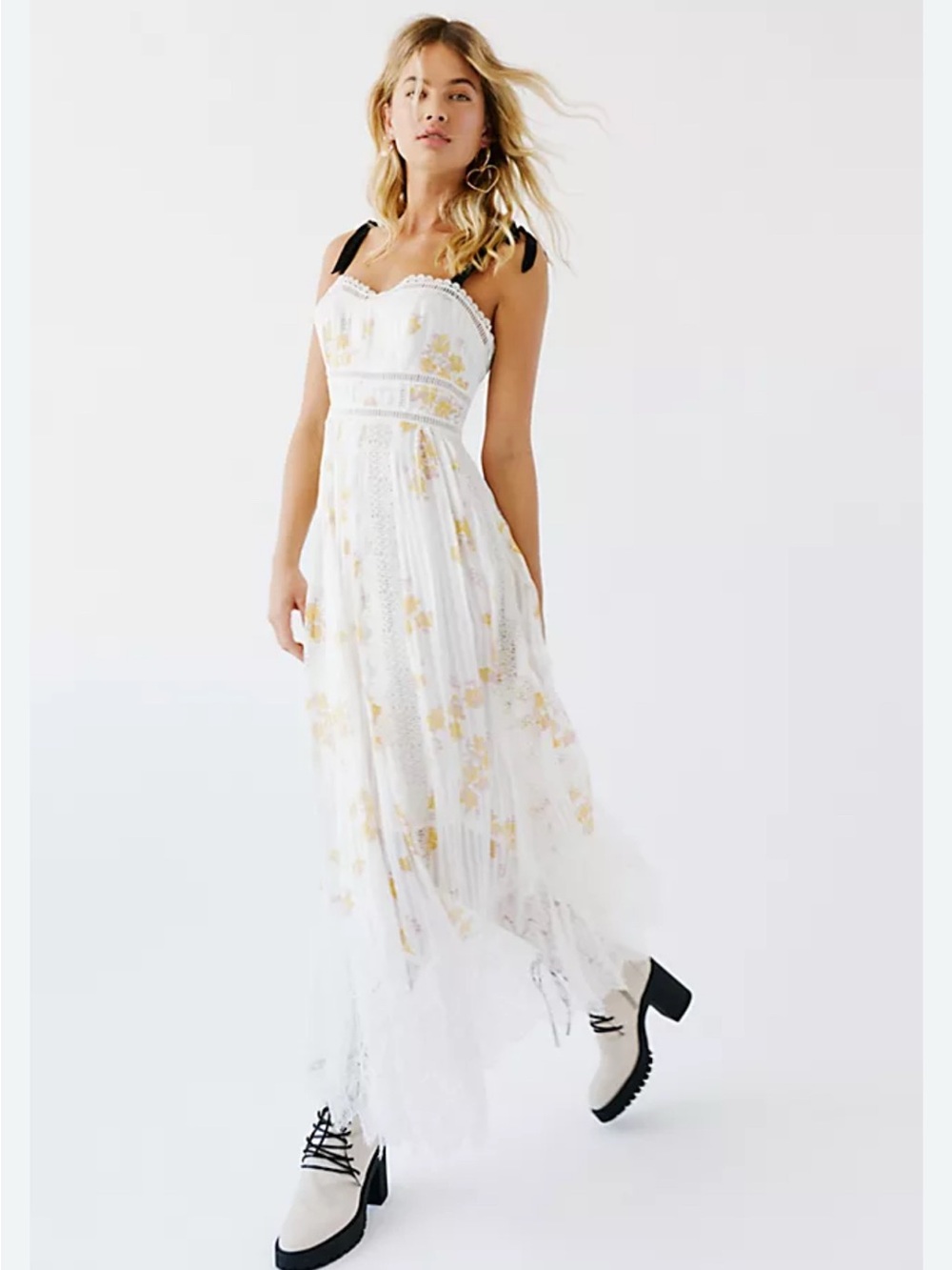 Free People White Maxi Dress with Yellow Floral Embroidery and Black Tie Straps